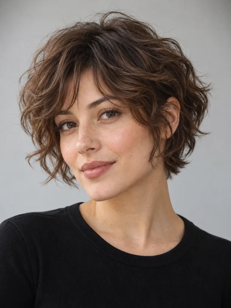 Wavy chestnut bixie with loose bends, a softly divided fringe, and cheek-framing layers.