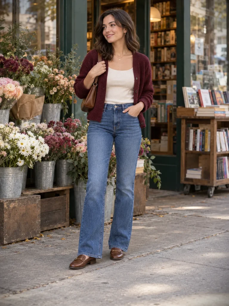 Blue bootcut jeans styled with a cream tank, burgundy cardigan, brown loafers, and shoulder bag.