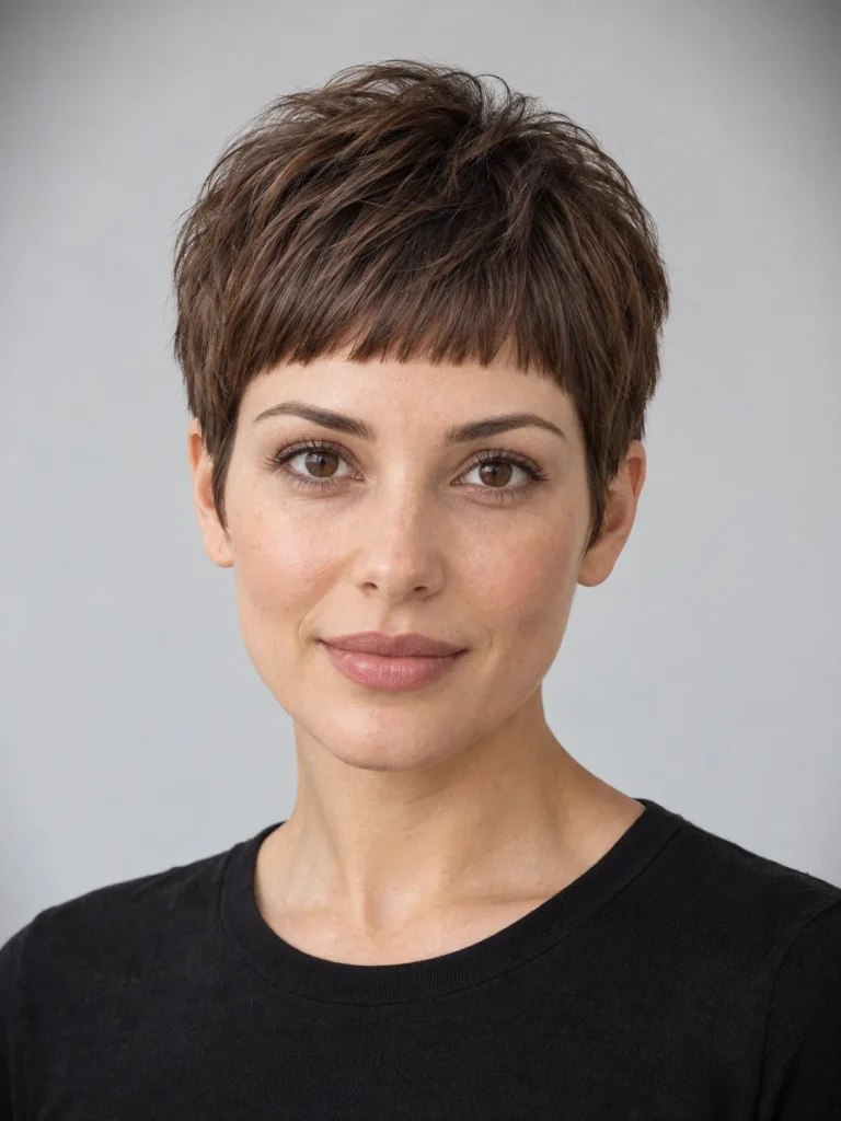 Chestnut pixie with a straight micro fringe above the eyebrows.