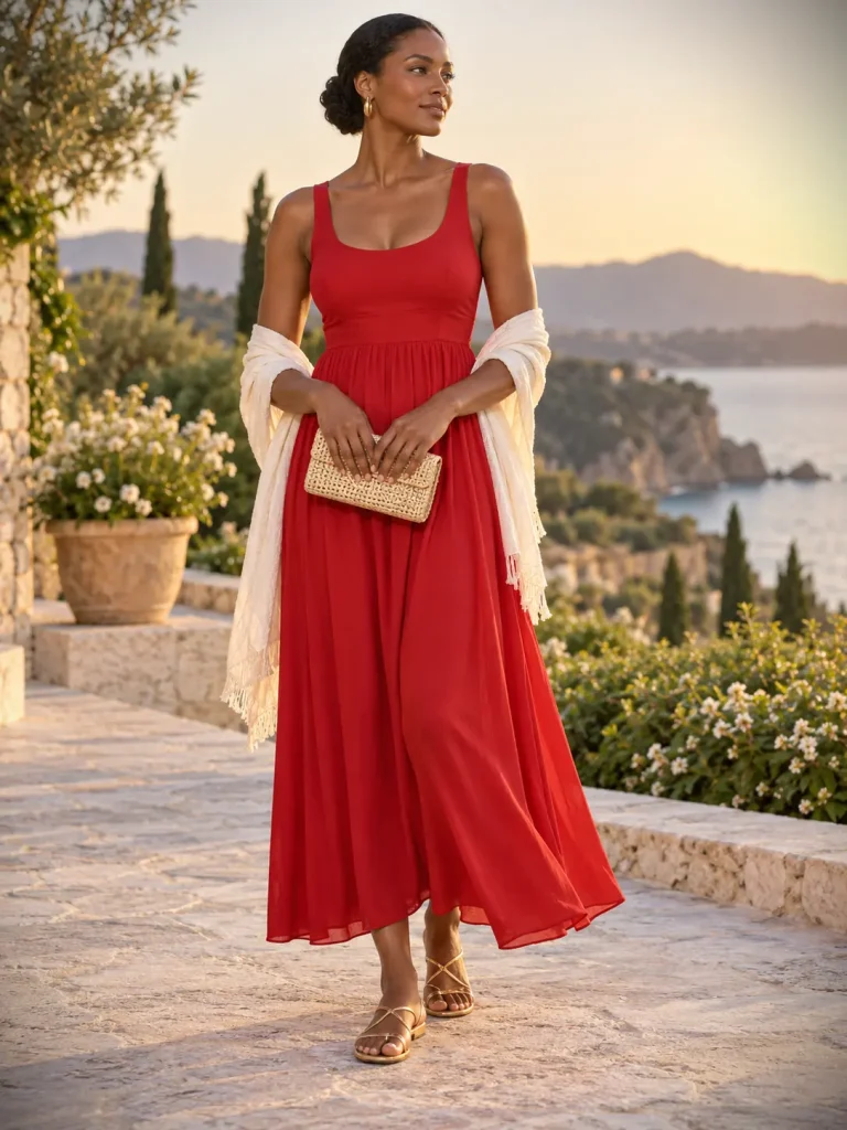 Sleeveless red maxi dress with gold flat sandals, a woven clutch, and a lightweight cream wrap.