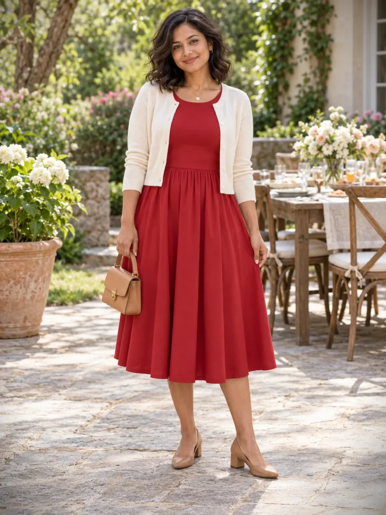 Red fit-and-flare midi dress with a cream cropped cardigan, tan low-heel shoes, and a tan handbag.