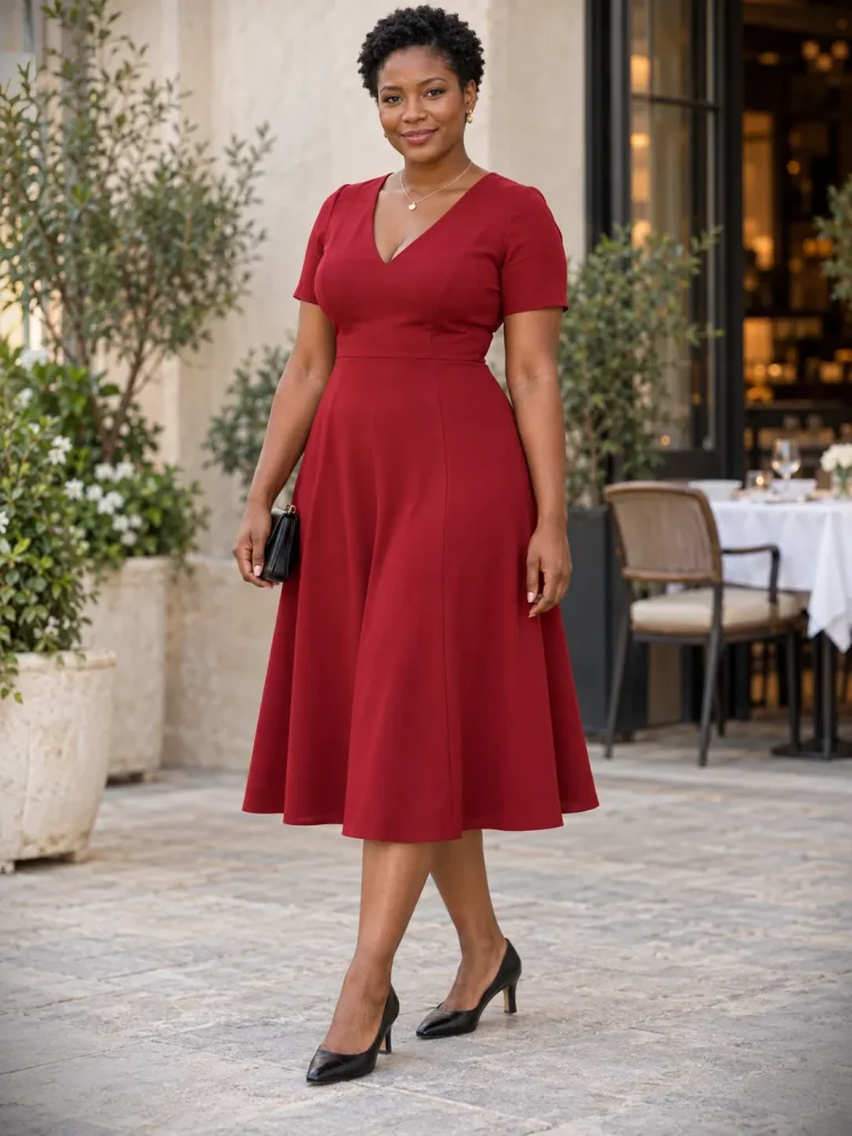 Deep-red V-neck midi dress with a softly flared skirt, black low-heel pumps, and a structured clutch.