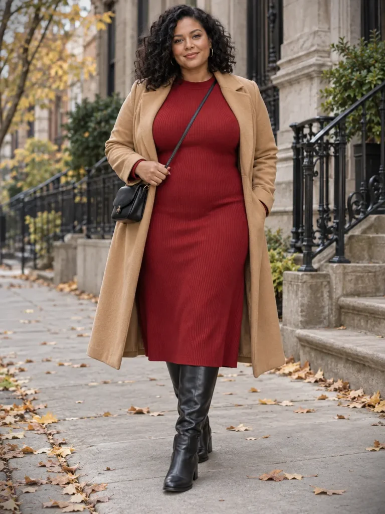 Red long sleeve knit midi dress with black knee-high boots, an open camel coat, and a crossbody bag.