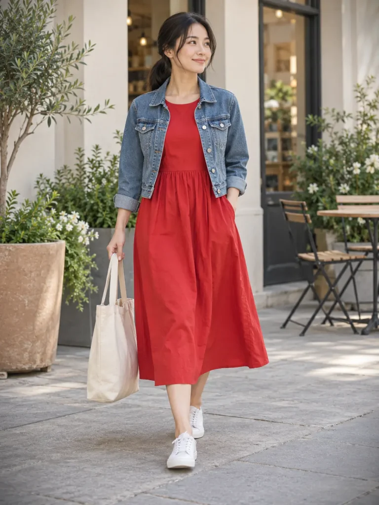 Red cotton midi dress with a cropped denim jacket, white low-top sneakers, and a canvas tote.