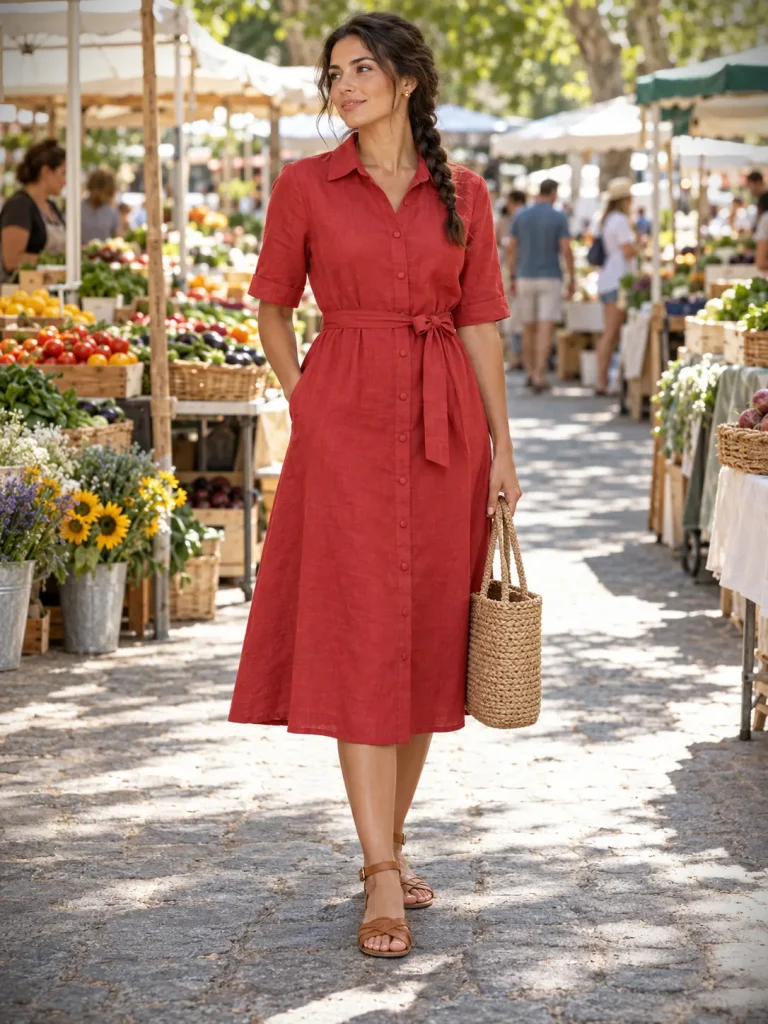 Belted red shirt dress with tan ankle-strap flat sandals, a woven tote, and gold stud earrings.