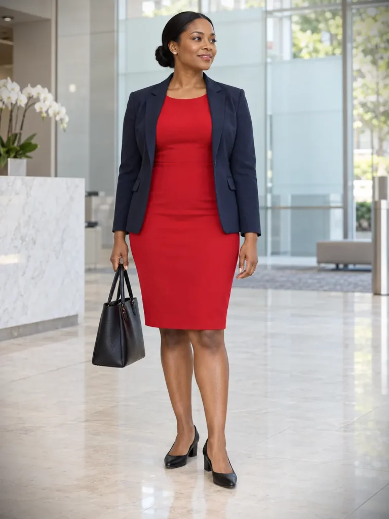 Red knee-length sheath dress with a navy blazer, black low block-heel pumps, and a structured work tote.
