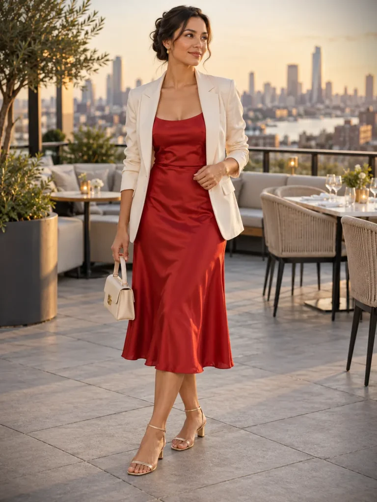 Red satin midi dress with an open cream blazer, champagne low-heel sandals, and a small cream bag.