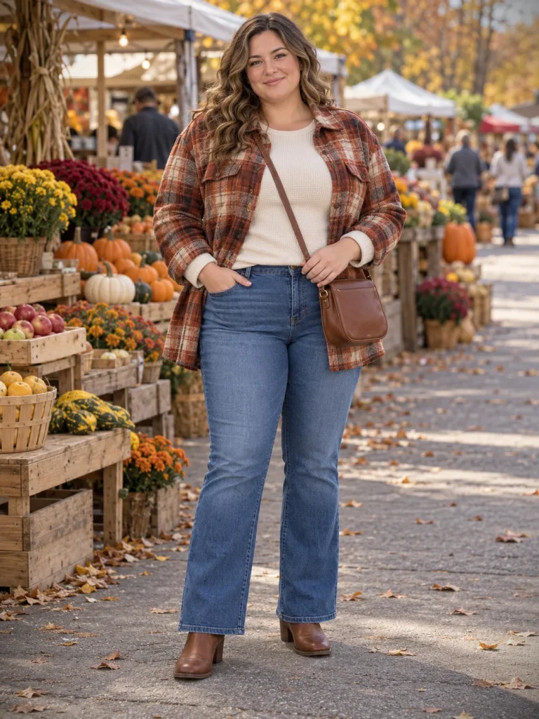 Blue bootcut jeans with a cream thermal top, rust plaid shacket, brown ankle boots, and crossbody bag.