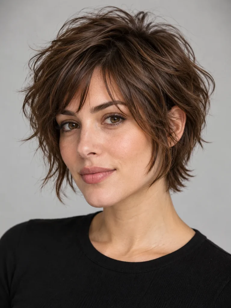 Shaggy chestnut bixie with a broken fringe, tousled crown, and longer wispy sides.