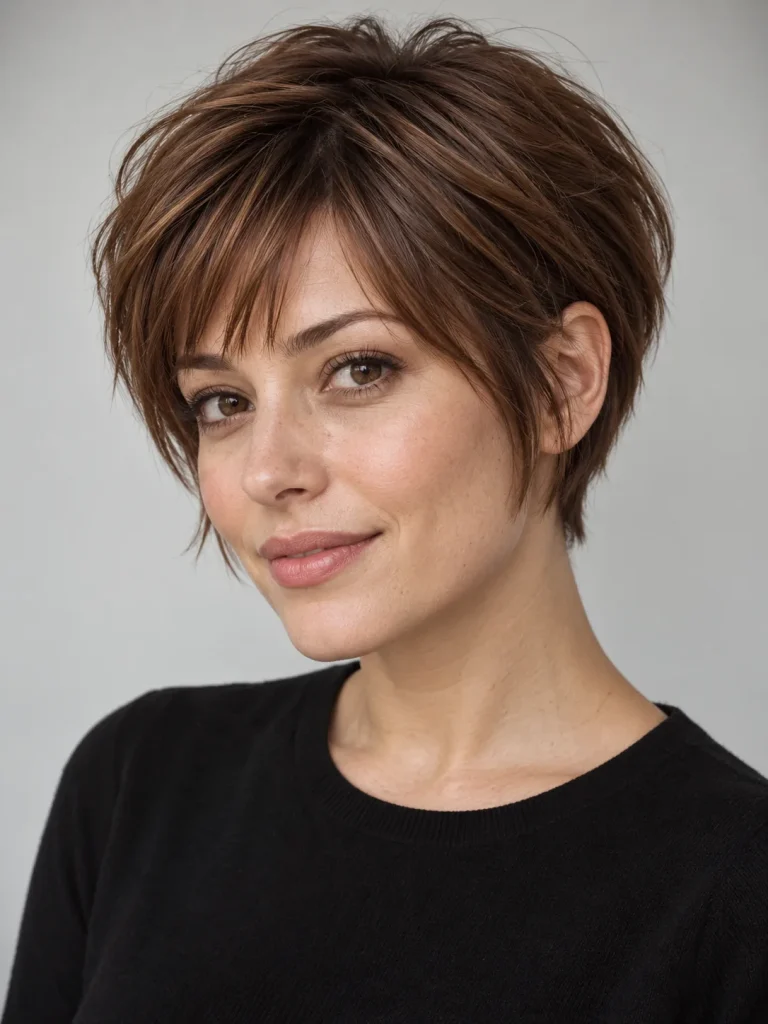 Bixie Haircut Style: Short chestnut bixie with an irregular fringe, exposed ear, and tapered nape.