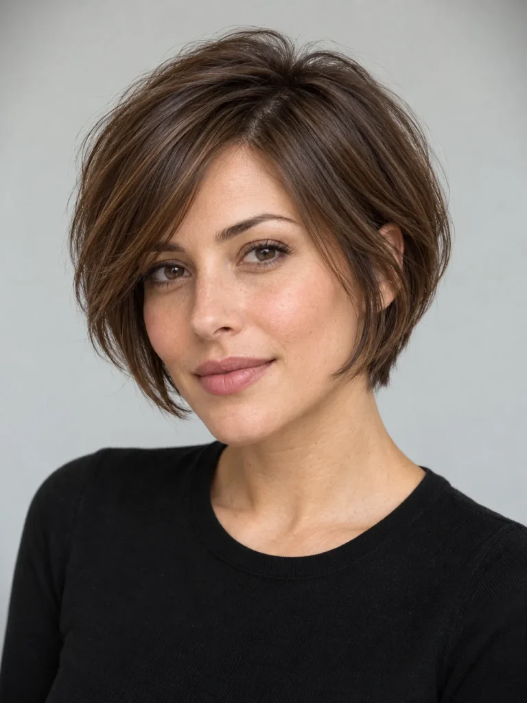Sleek chestnut bixie with a side part, sweeping fringe, and inward-curving ends.