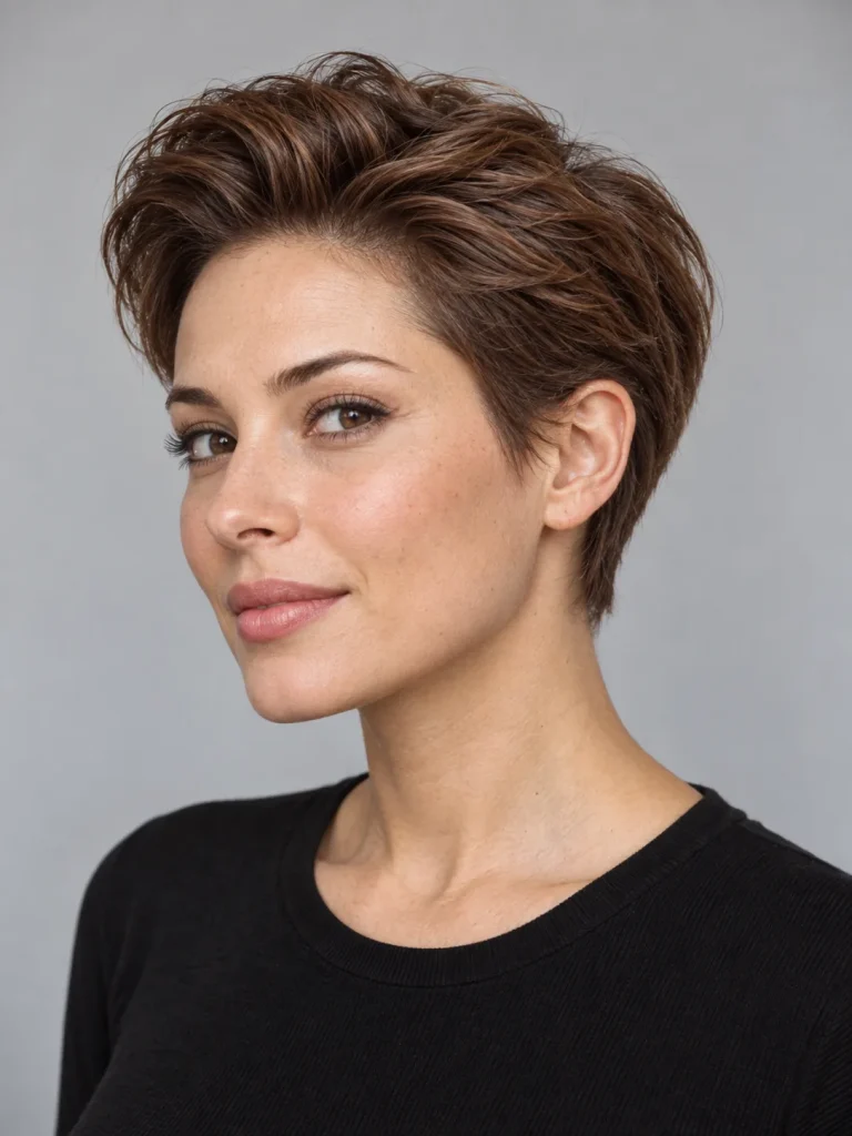 Chestnut pixie swept back from the forehead with gentle front height.