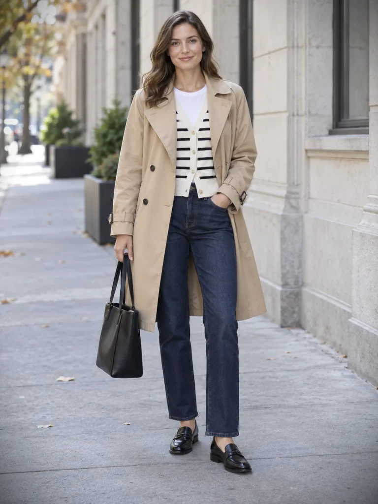 Beige trench coat layered over a striped cardigan and white tee with dark jeans, black loafers, and a tote.