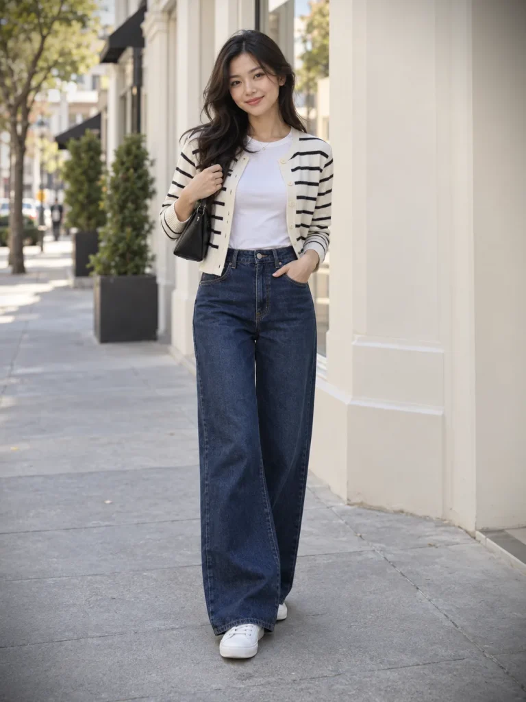 Cropped ivory-and-black striped cardigan with high-rise wide-leg jeans, white sneakers, and a black shoulder bag.