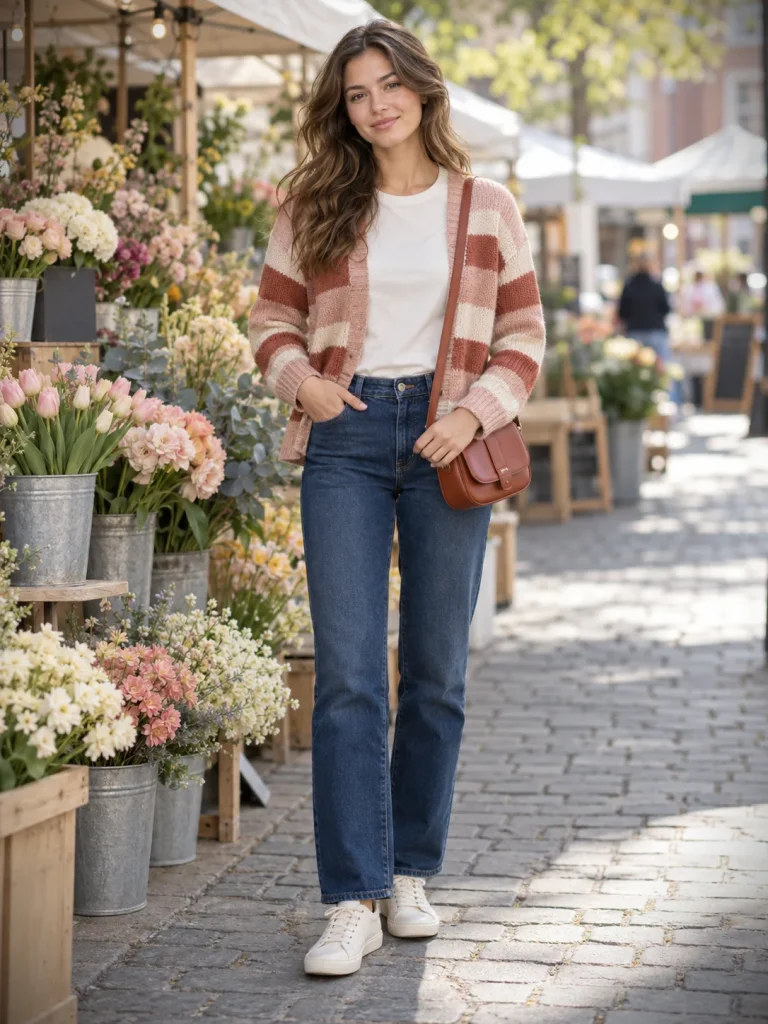 Pink, rust, and cream striped cardigan with dark straight-leg jeans, cream sneakers, and a rust crossbody bag.