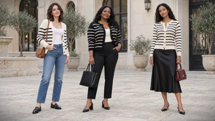 Three striped cardigan outfits with straight-leg jeans, tailored black trousers, and a black midi skirt.