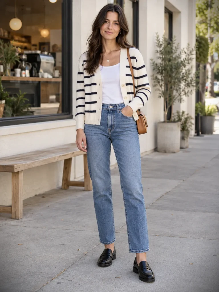 Cream-and-navy striped cardigan outfit worn open over a white tank with straight-leg jeans, black loafers, and a tan crossbody bag.