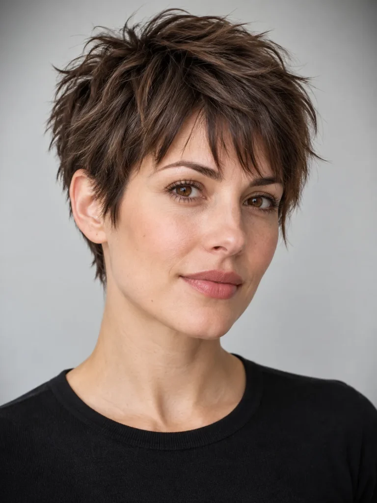 Choppy chestnut pixie with separated crown layers and broken bangs.