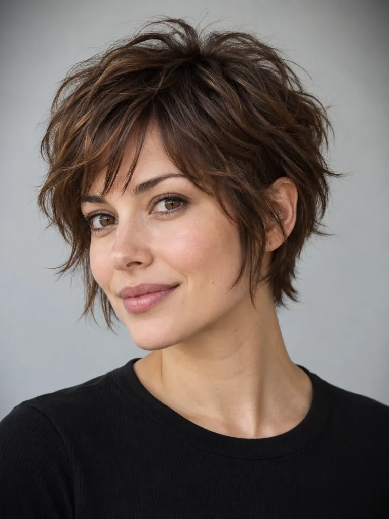 Shaggy brown pixie with short crown layers and wispy ear-length edges.
