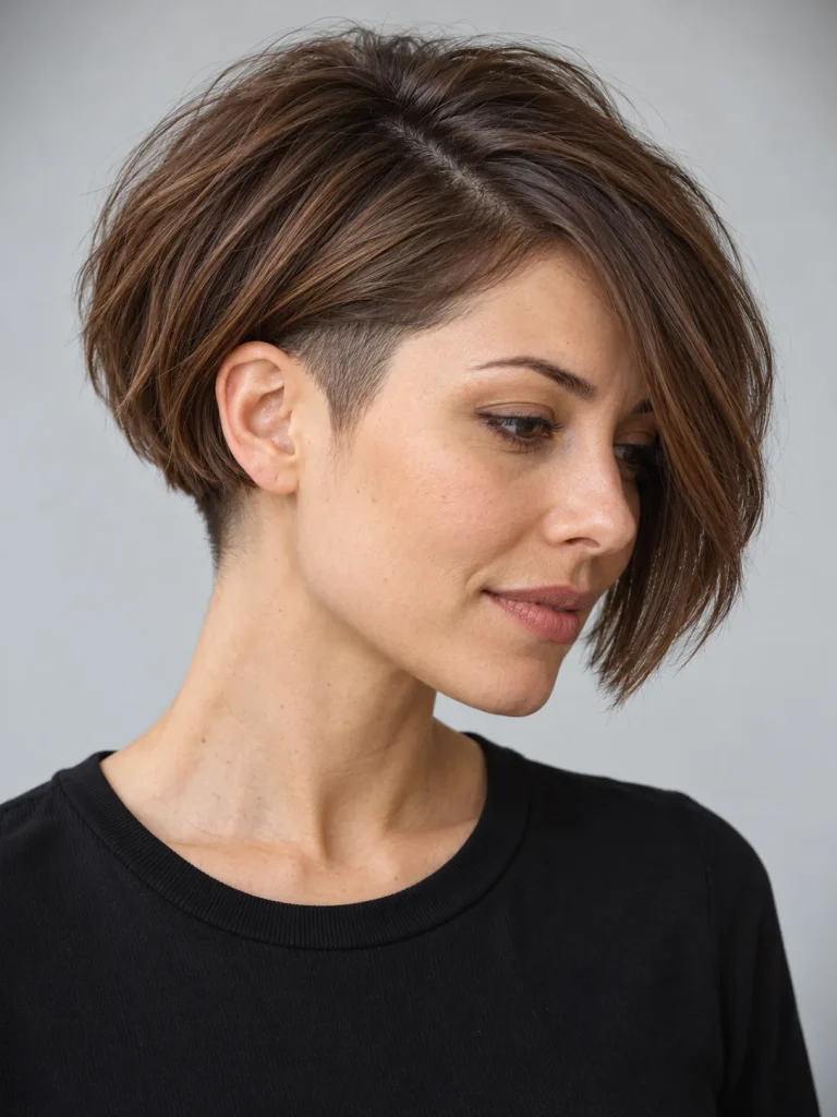 Chestnut bixie with long upper layers above a visible low temple and nape undercut.