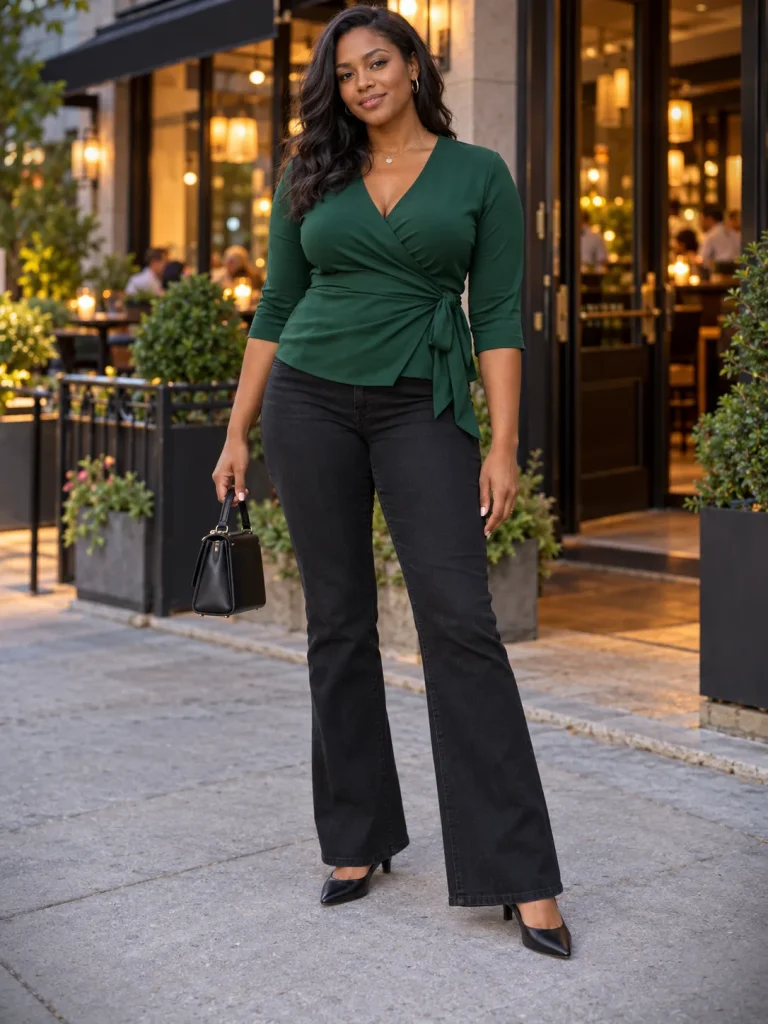 Black bootcut jeans paired with a deep-green wrap top, black low-heel pumps, and compact handbag.