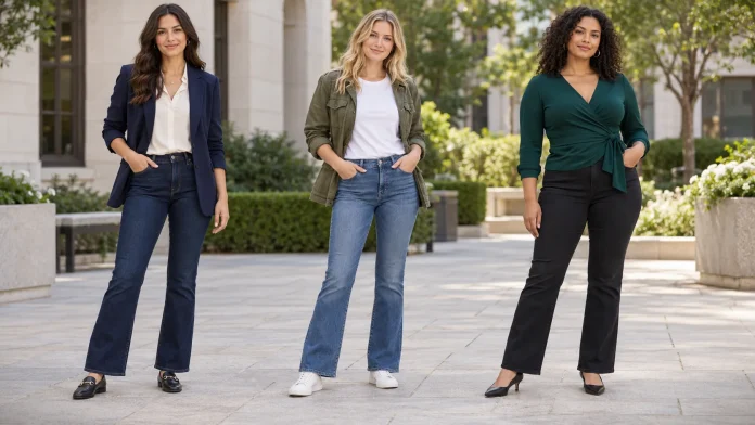 Three women wearing bootcut jeans outfits with a navy blazer and loafers, an olive jacket and white sneakers, and a green wrap top with black pumps.