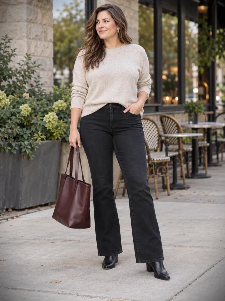 Black bootcut jeans and ankle boots paired with an oatmeal sweater and burgundy tote.