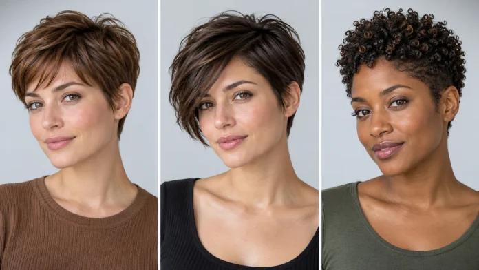 Three pixie haircut styles showing a soft fringe, side-swept bangs, and natural coils.