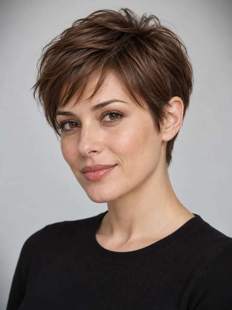 Chestnut-brown classic Pixie Haircut Styles with short sides and a soft fringe.